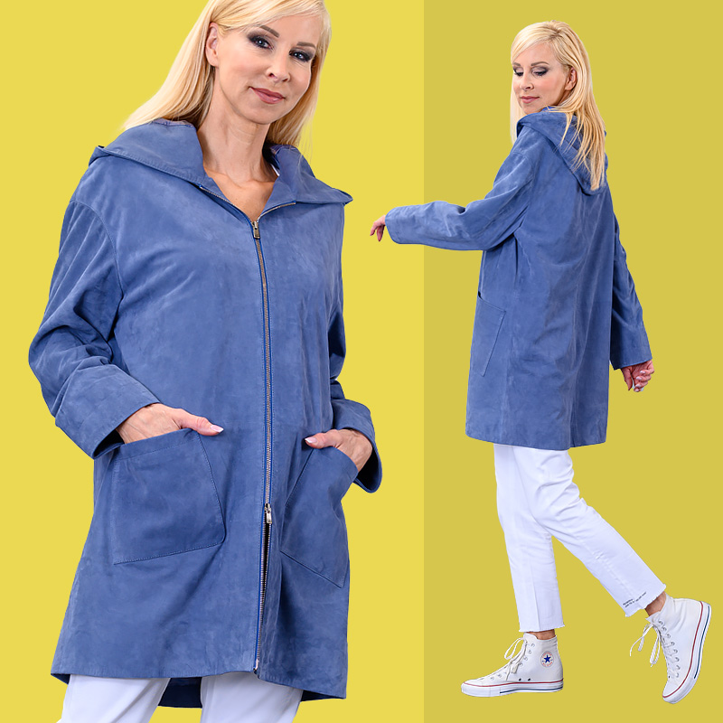 oversized Leder Kurzmantel aus Ziegenvelour mit Kapuze