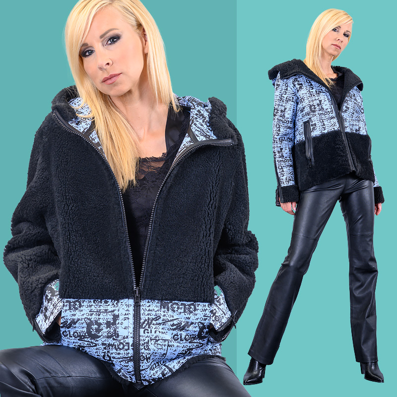 Kurze Lammfell Jacke mit Printdruck