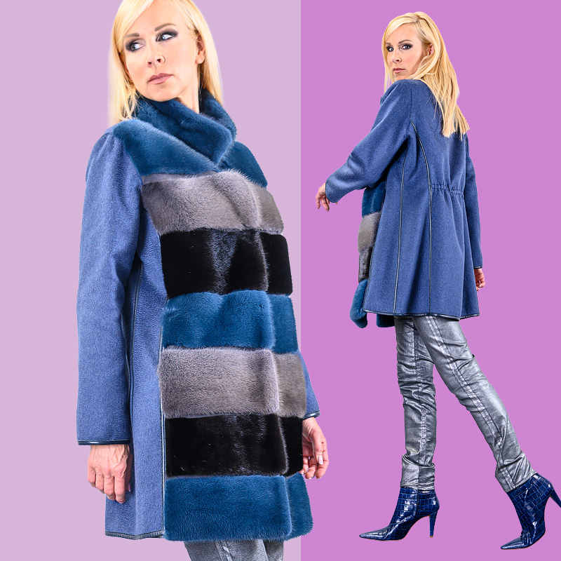 Cashmere Kurzmantel mit Nerzbesatz Blue / Grey